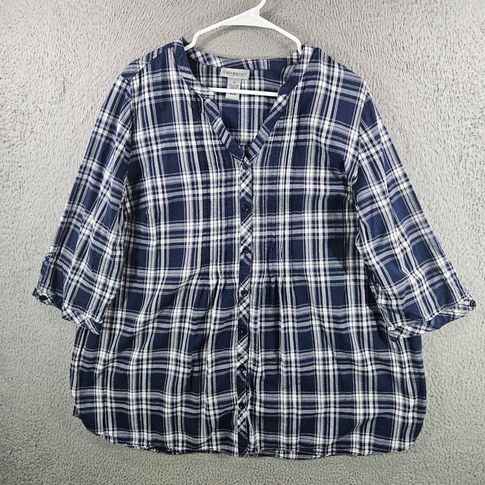 Catherines‎ Womens 1X Navy Blue White Plaid Button Front Tunic 3/4 Sleeve Blouse